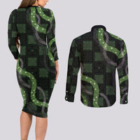 Hawaiian Quilt Couples Matching Long Sleeve Bodycon Dress and Long Sleeve Button Shirt Pele Hair Hinahina Lei Black Version LT05 - Polynesian Pride
