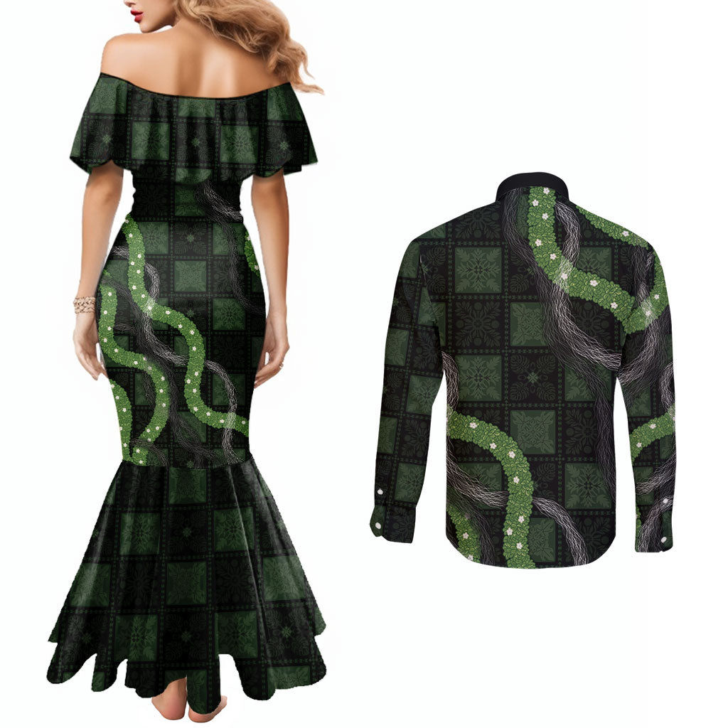 Hawaiian Quilt Couples Matching Mermaid Dress and Long Sleeve Button Shirt Pele Hair Hinahina Lei Black Version LT05 - Polynesian Pride