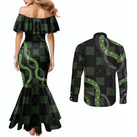Hawaiian Quilt Couples Matching Mermaid Dress and Long Sleeve Button Shirt Pele Hair Hinahina Lei Black Version LT05 - Polynesian Pride
