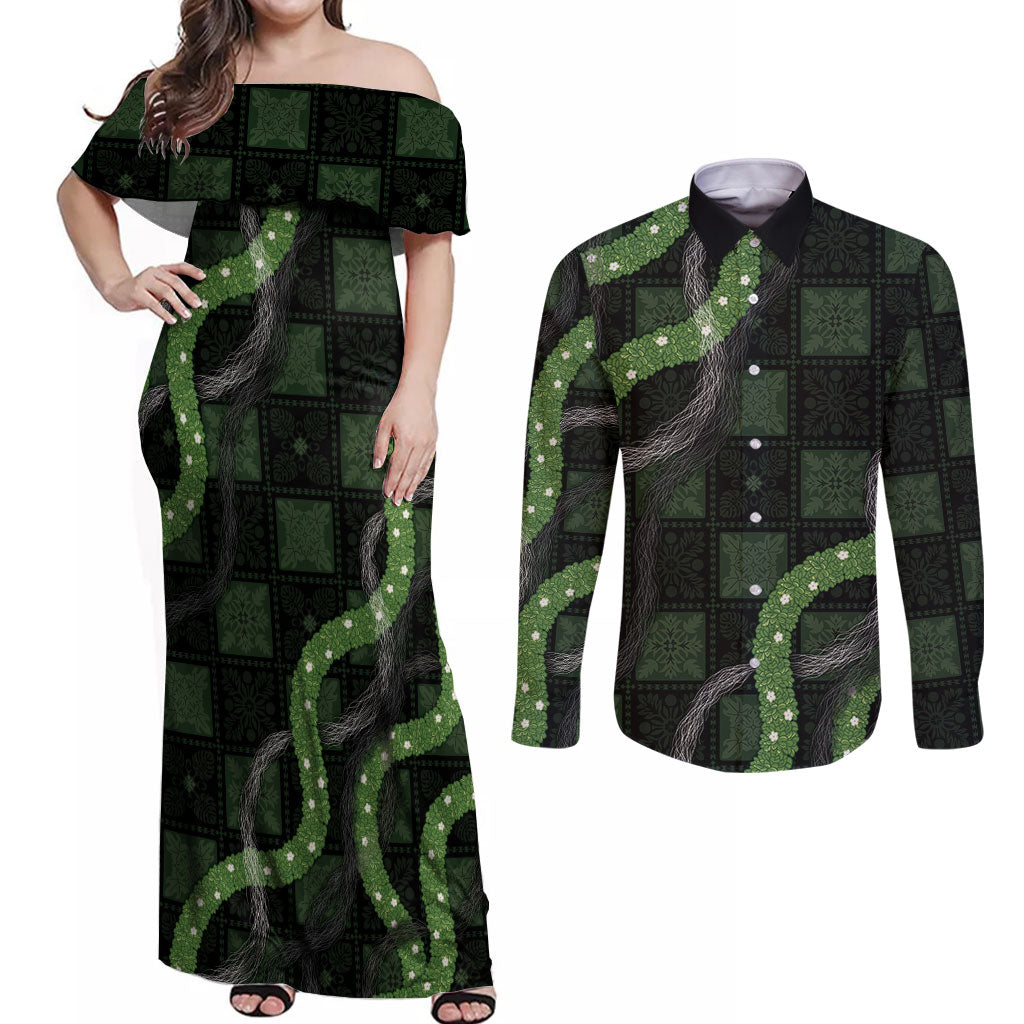 Hawaiian Quilt Couples Matching Off Shoulder Maxi Dress and Long Sleeve Button Shirt Pele Hair Hinahina Lei Black Version LT05 Black - Polynesian Pride