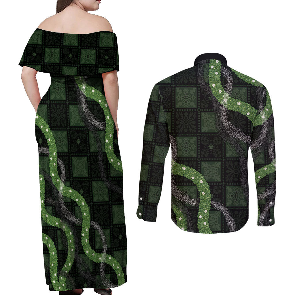 Hawaiian Quilt Couples Matching Off Shoulder Maxi Dress and Long Sleeve Button Shirt Pele Hair Hinahina Lei Black Version LT05 - Polynesian Pride