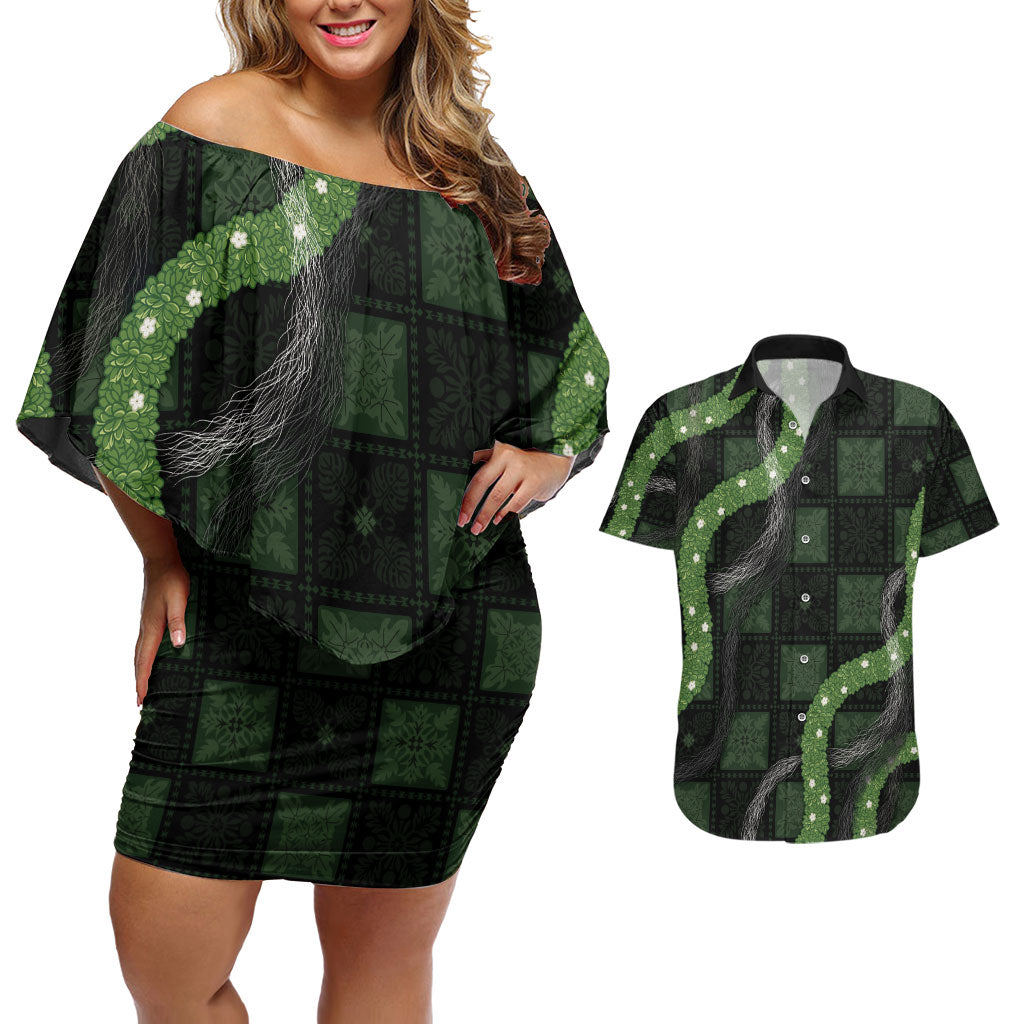 Hawaiian Quilt Couples Matching Off Shoulder Short Dress and Hawaiian Shirt Pele Hair Hinahina Lei Black Version LT05 Black - Polynesian Pride