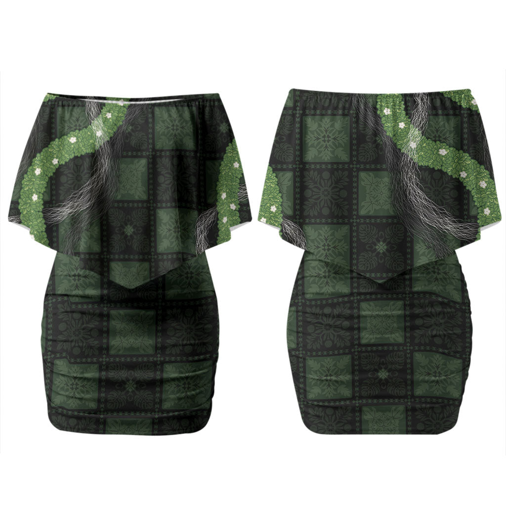 Hawaiian Quilt Couples Matching Off Shoulder Short Dress and Long Sleeve Button Shirt Pele Hair Hinahina Lei Black Version LT05 - Polynesian Pride