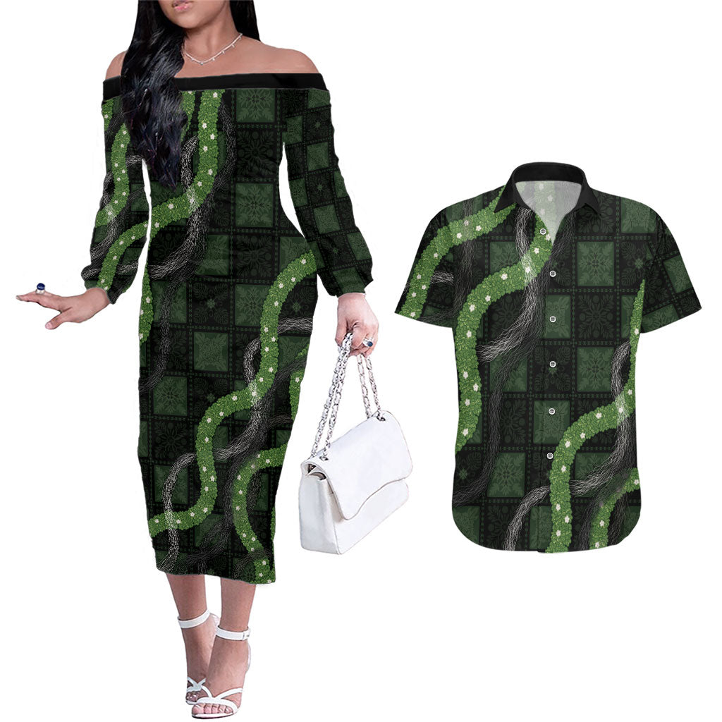 Hawaiian Quilt Couples Matching Off The Shoulder Long Sleeve Dress and Hawaiian Shirt Pele Hair Hinahina Lei Black Version