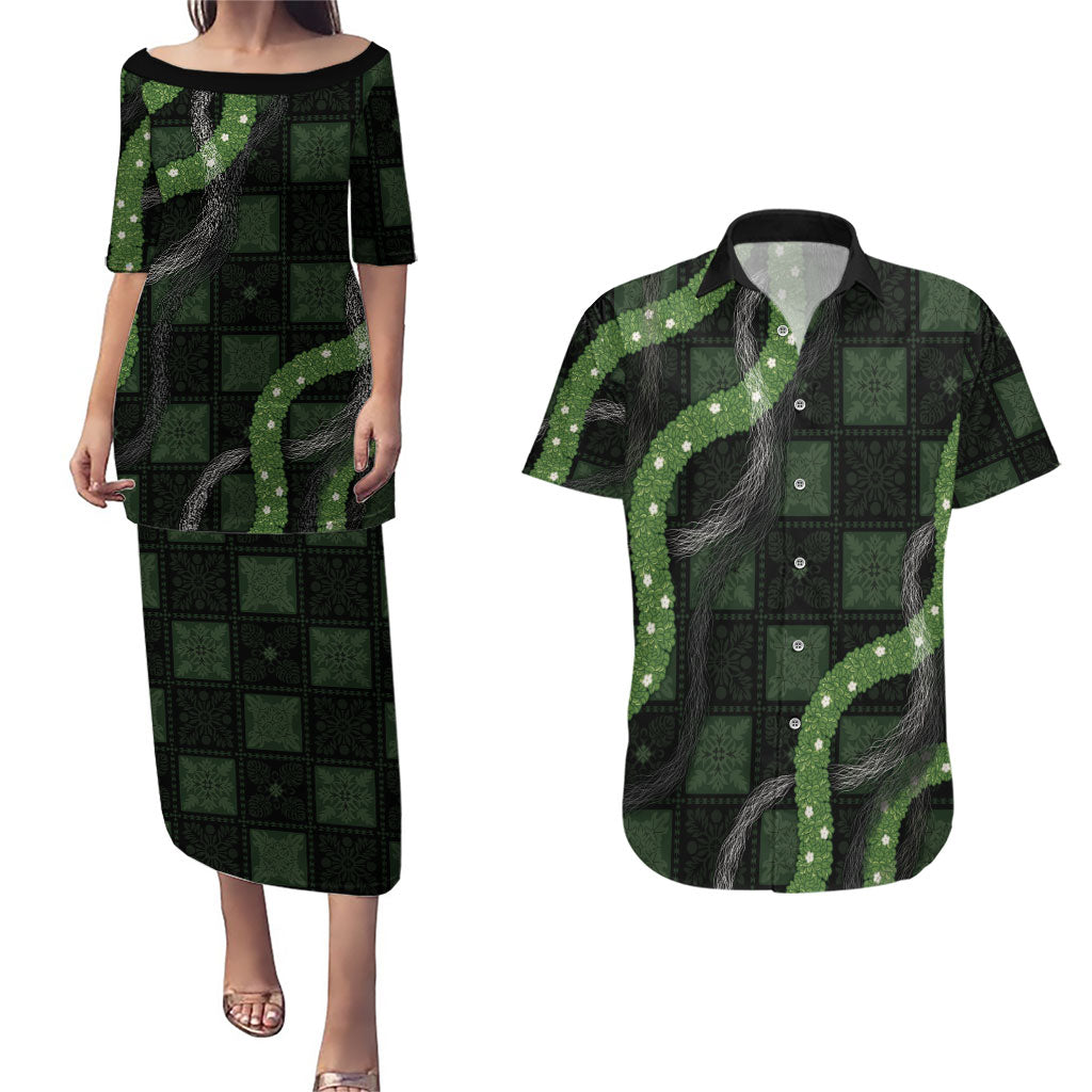Hawaiian Quilt Couples Matching Puletasi and Hawaiian Shirt Pele Hair Hinahina Lei Black Version LT05 Black - Polynesian Pride
