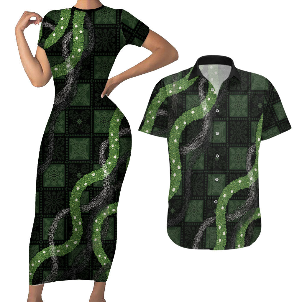 Hawaiian Quilt Couples Matching Short Sleeve Bodycon Dress and Hawaiian Shirt Pele Hair Hinahina Lei Black Version LT05 Black - Polynesian Pride