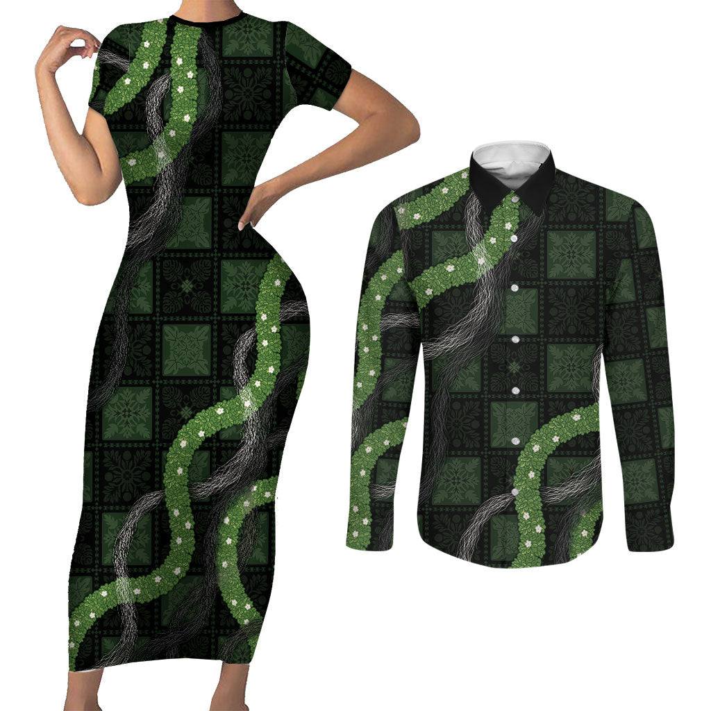 Hawaiian Quilt Couples Matching Short Sleeve Bodycon Dress and Long Sleeve Button Shirt Pele Hair Hinahina Lei Black Version