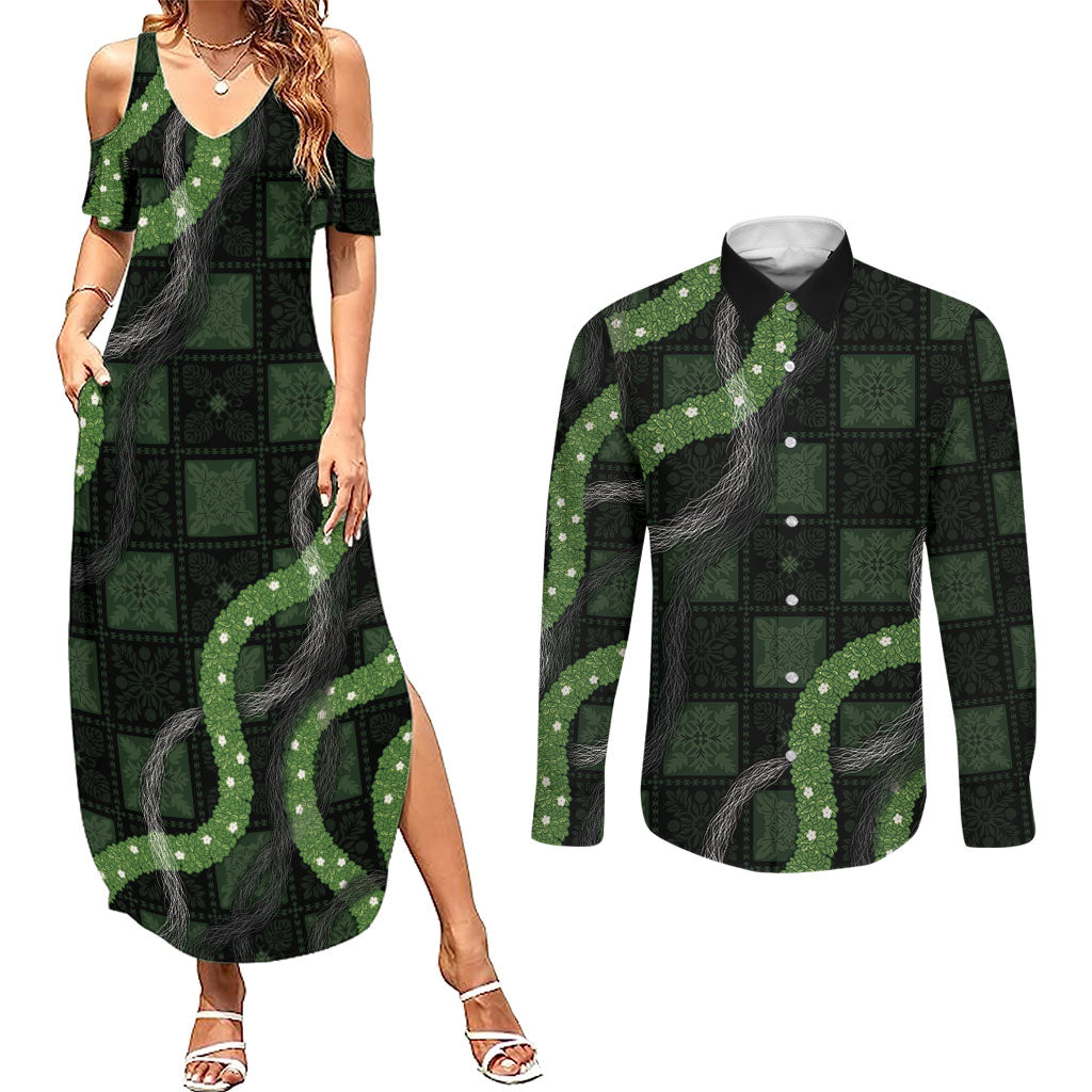 Hawaiian Quilt Couples Matching Summer Maxi Dress and Long Sleeve Button Shirt Pele Hair Hinahina Lei Black Version LT05 Black - Polynesian Pride