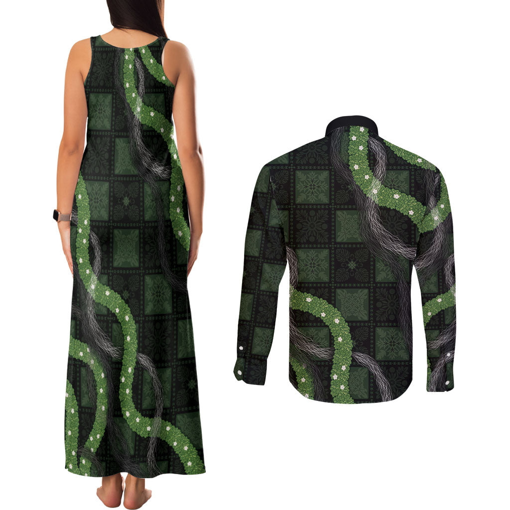 Hawaiian Quilt Couples Matching Tank Maxi Dress and Long Sleeve Button Shirt Pele Hair Hinahina Lei Black Version LT05 - Polynesian Pride