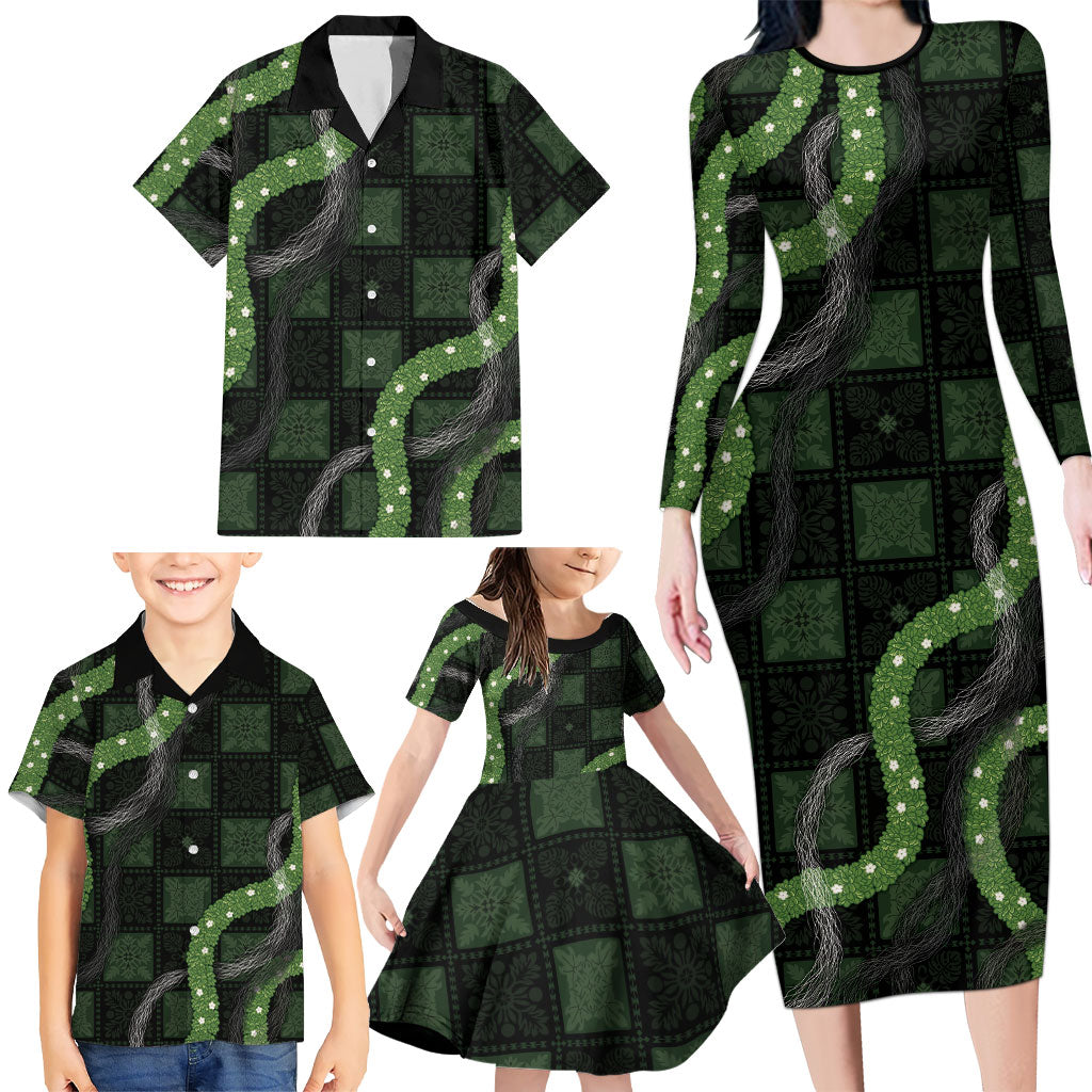 Hawaiian Quilt Family Matching Long Sleeve Bodycon Dress and Hawaiian Shirt Pele Hair Hinahina Lei Black Version LT05 - Polynesian Pride