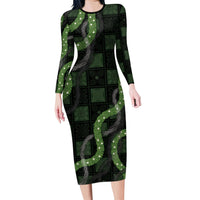 Hawaiian Quilt Family Matching Long Sleeve Bodycon Dress and Hawaiian Shirt Pele Hair Hinahina Lei Black Version LT05 Mom's Dress Black - Polynesian Pride
