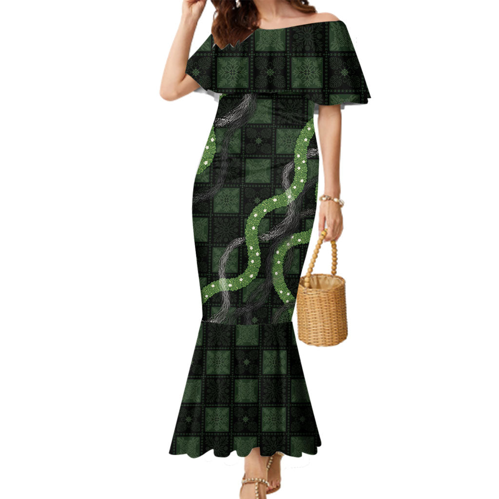 Hawaiian Quilt Family Matching Mermaid Dress and Hawaiian Shirt Pele Hair Hinahina Lei Black Version LT05 Mom's Dress Black - Polynesian Pride