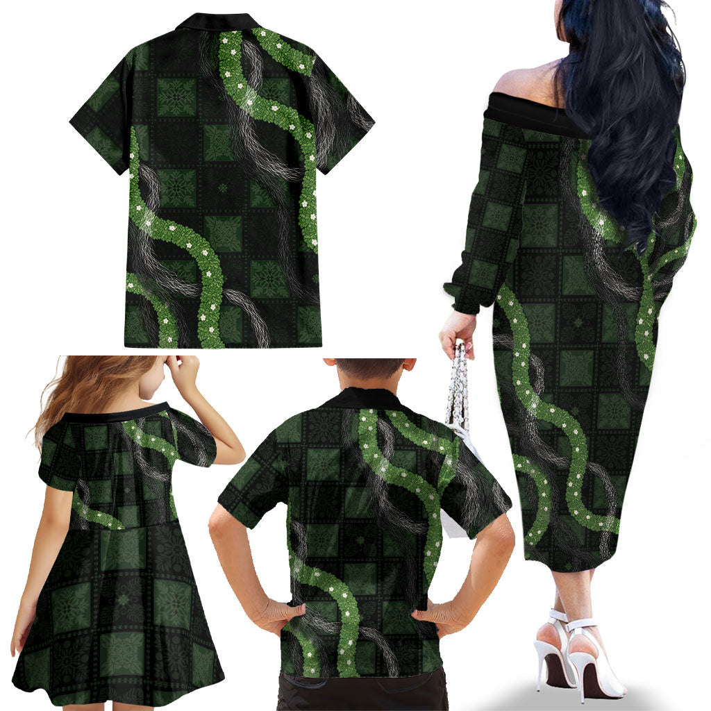 Hawaiian Quilt Family Matching Off The Shoulder Long Sleeve Dress and Hawaiian Shirt Pele Hair Hinahina Lei Black Version LT05 - Polynesian Pride