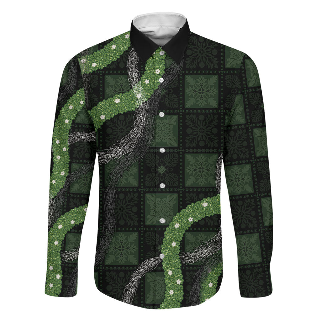 Hawaiian Quilt Family Matching Off The Shoulder Long Sleeve Dress and Hawaiian Shirt Pele Hair Hinahina Lei Black Version LT05 Dad's Shirt - Long Sleeve Black - Polynesian Pride