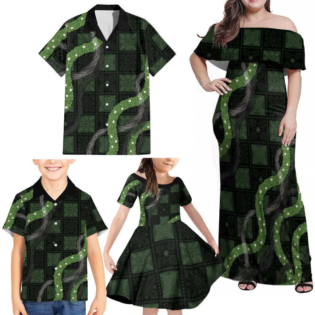 Hawaiian Quilt Family Matching Off Shoulder Maxi Dress and Hawaiian Shirt Pele Hair Hinahina Lei Black Version
