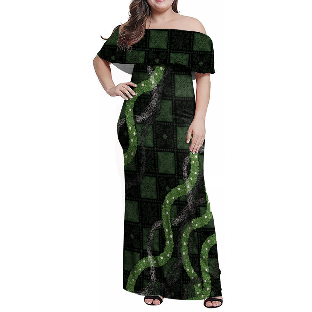 Hawaiian Quilt Family Matching Off Shoulder Maxi Dress and Hawaiian Shirt Pele Hair Hinahina Lei Black Version LT05 Mom's Dress Black - Polynesian Pride