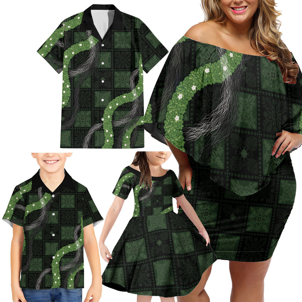 Hawaiian Quilt Family Matching Off Shoulder Short Dress and Hawaiian Shirt Pele Hair Hinahina Lei Black Version LT05 - Polynesian Pride