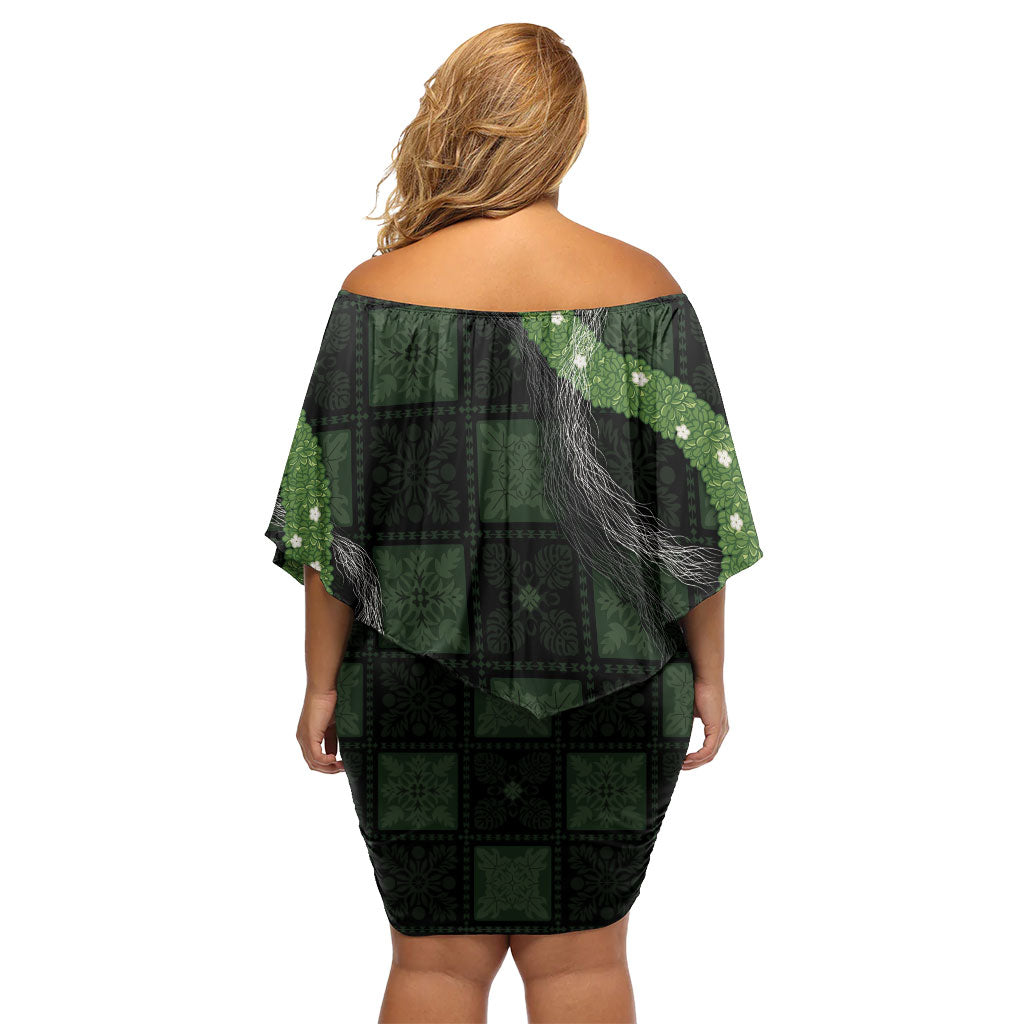 Hawaiian Quilt Family Matching Off Shoulder Short Dress and Hawaiian Shirt Pele Hair Hinahina Lei Black Version LT05 - Polynesian Pride