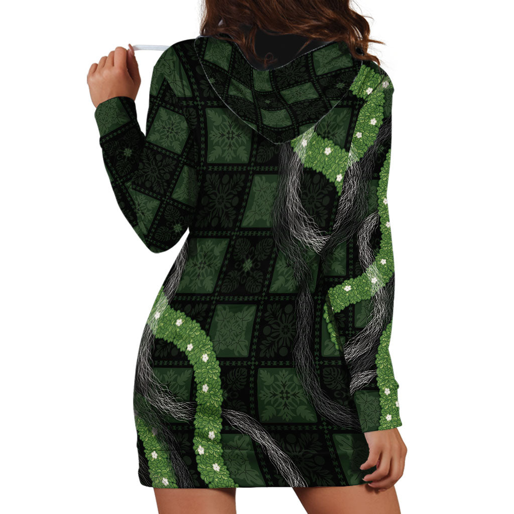 Hawaiian Quilt Hoodie Dress Pele Hair Hinahina Lei Black Version LT05 - Polynesian Pride