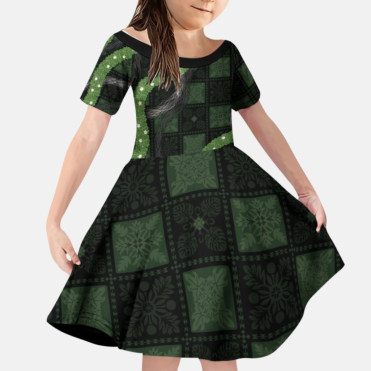 Hawaiian Quilt Kid Short Sleeve Dress Pele Hair Hinahina Lei Black Version