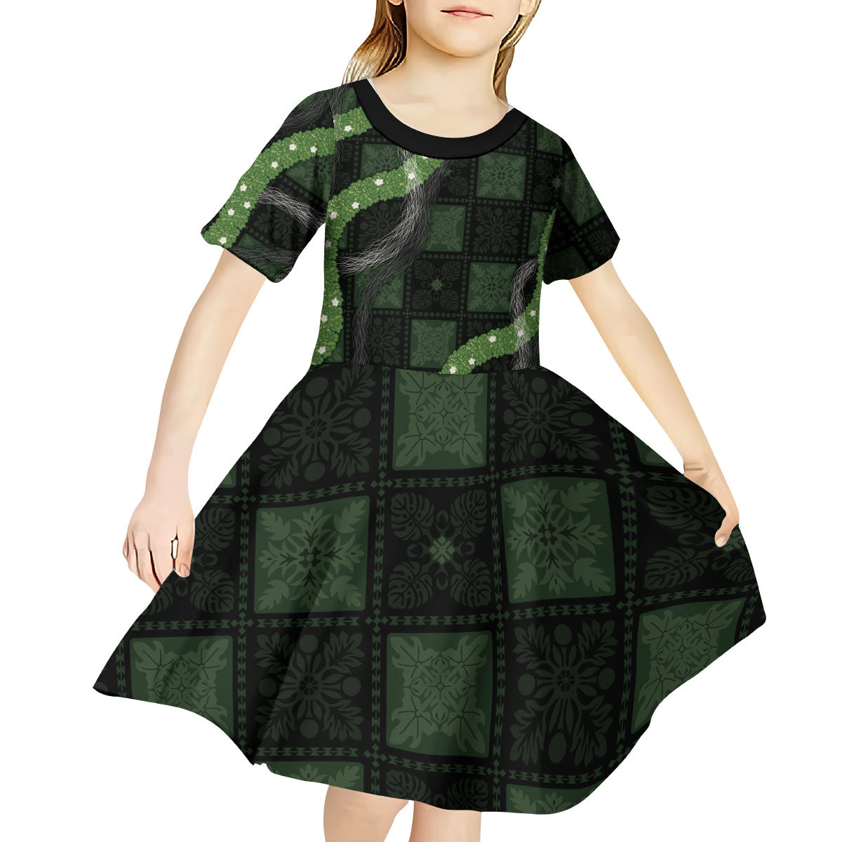Hawaiian Quilt Kid Short Sleeve Dress Pele Hair Hinahina Lei Black Version