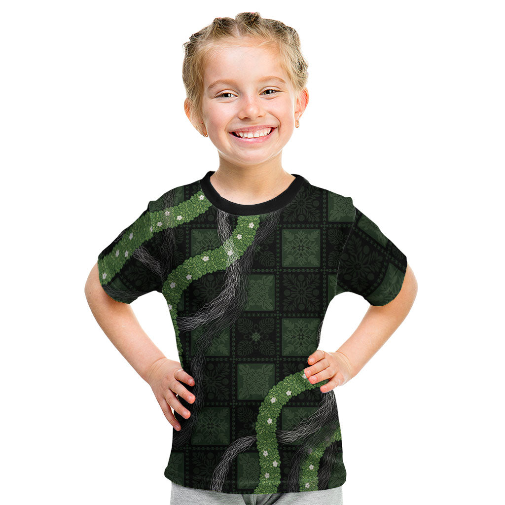 Hawaiian Quilt Kid T Shirt Pele Hair Hinahina Lei Black Version LT05 Black - Polynesian Pride