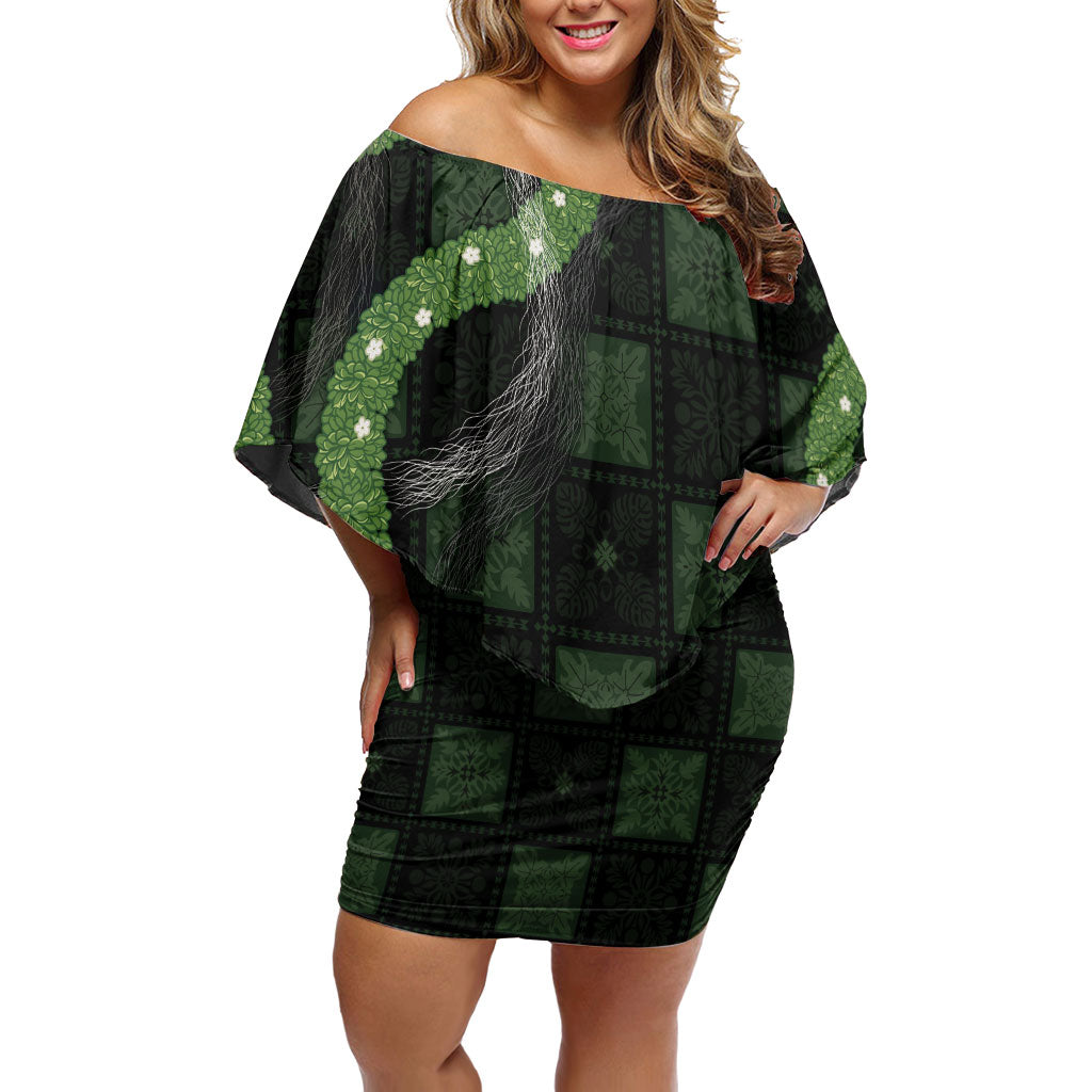 Hawaiian Quilt Off Shoulder Short Dress Pele Hair Hinahina Lei Black Version