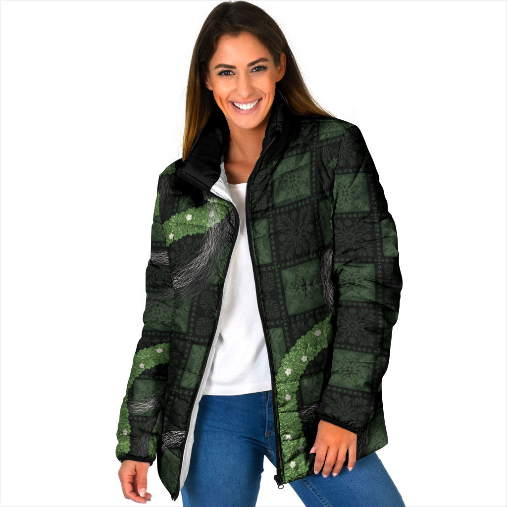 Hawaiian Quilt Padded Jacket Pele Hair Hinahina Lei Black Version