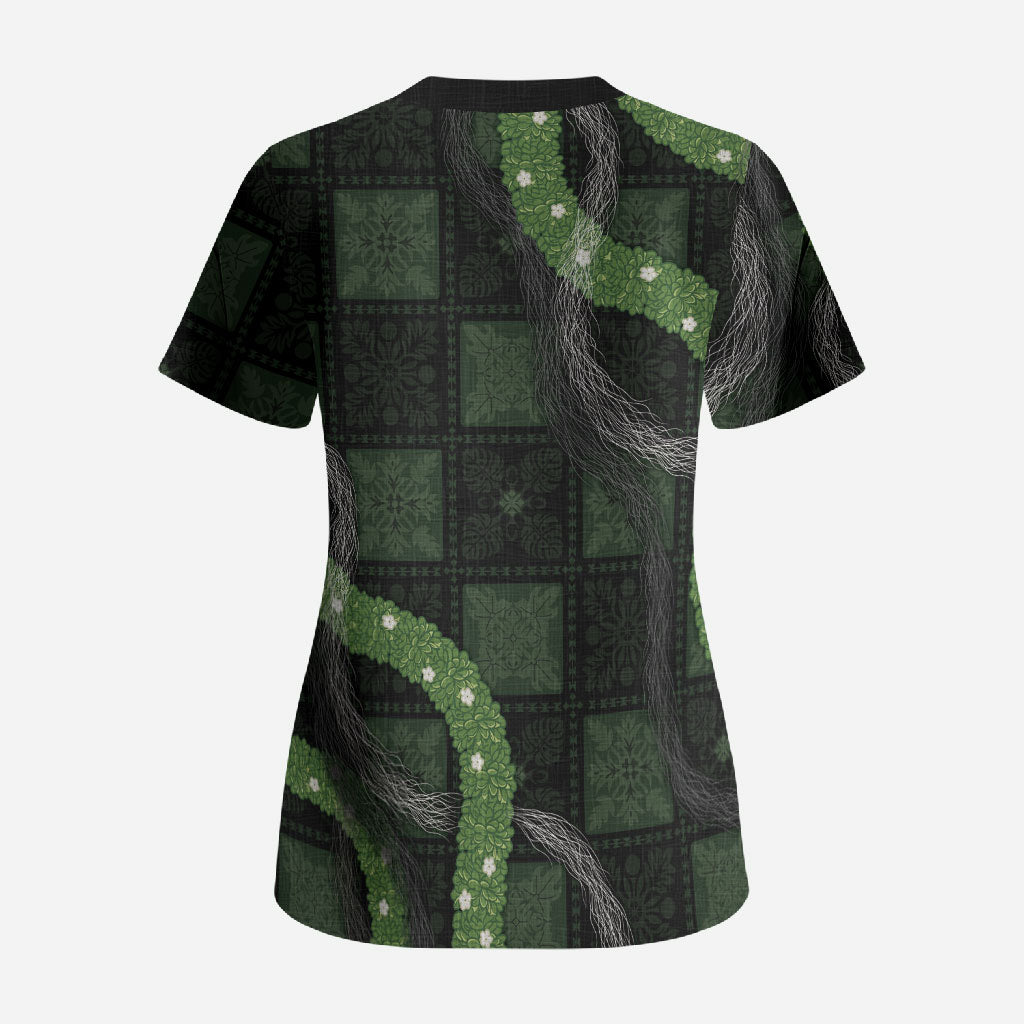 Hawaiian Quilt Scrub Top Pele Hair Hinahina Lei Black Version LT05 - Polynesian Pride