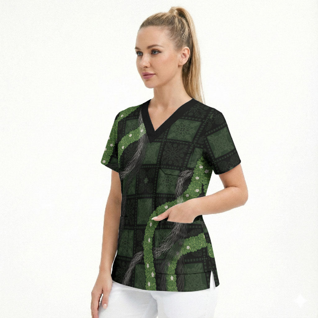 Hawaiian Quilt Scrub Top Pele Hair Hinahina Lei Black Version LT05 - Polynesian Pride