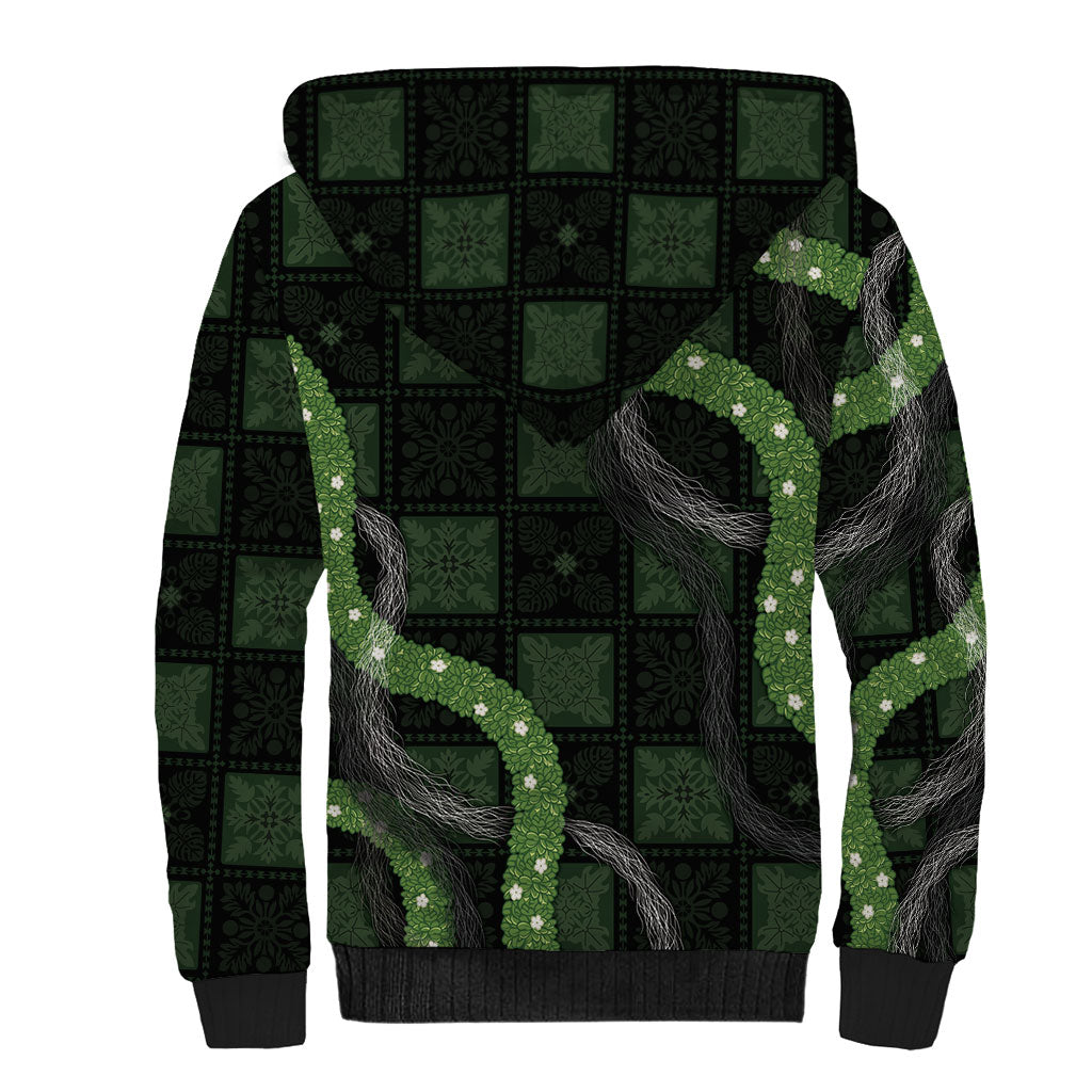 Hawaiian Quilt Sherpa Hoodie Pele Hair Hinahina Lei Black Version LT05 - Polynesian Pride