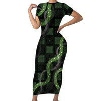 Hawaiian Quilt Short Sleeve Bodycon Dress Pele Hair Hinahina Lei Black Version LT05 Long Dress Black - Polynesian Pride