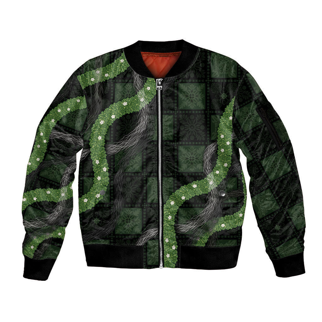 Hawaiian Quilt Sleeve Zip Bomber Jacket Pele Hair Hinahina Lei Black Version LT05 Unisex Black - Polynesian Pride