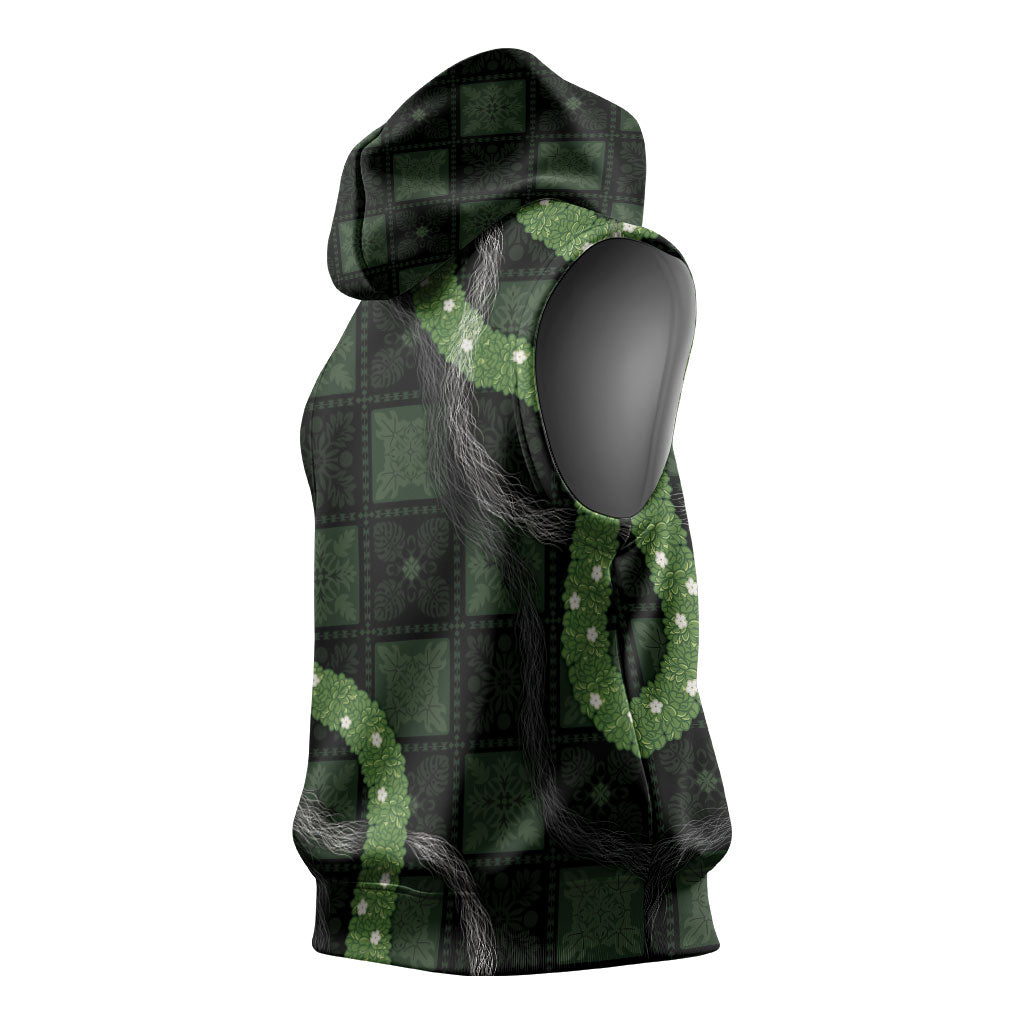 Hawaiian Quilt Sleeveless Hoodie Pele Hair Hinahina Lei Black Version