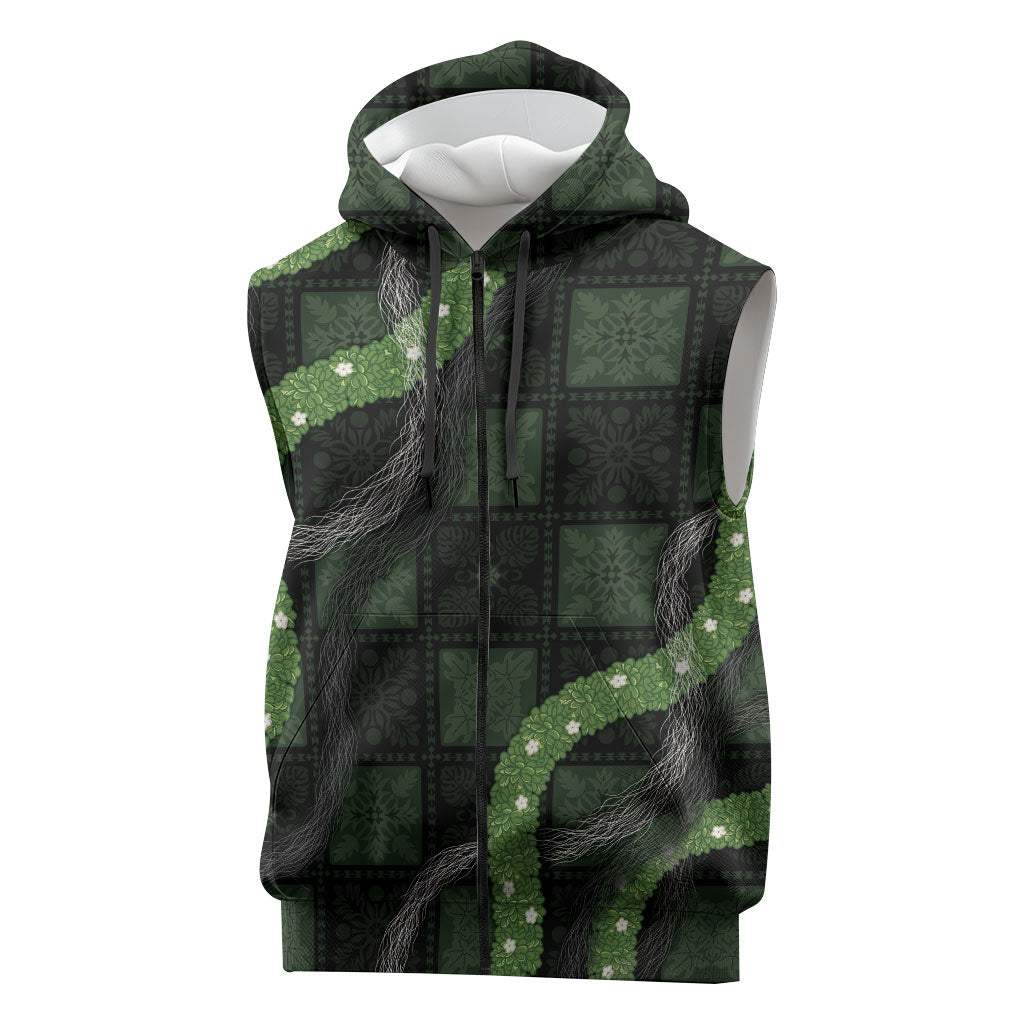 Hawaiian Quilt Sleeveless Zip Hoodie Pele Hair Hinahina Lei Black Version LT05 Black - Polynesian Pride