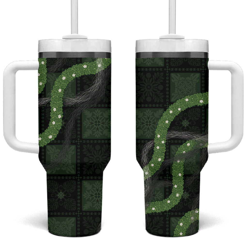 Hawaiian Quilt Tumbler With Handle Pele Hair Hinahina Lei Black Version LT05 One Size: 40 oz Black - Polynesian Pride