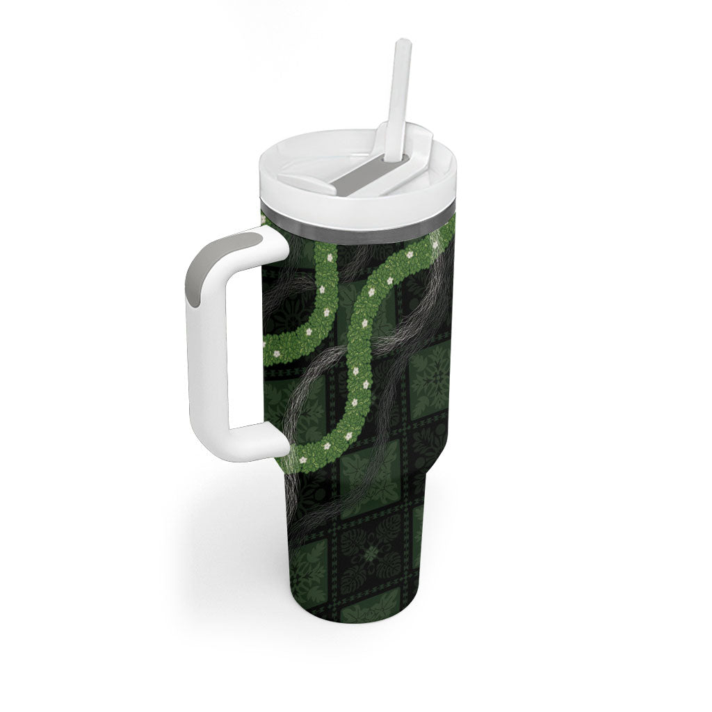 Hawaiian Quilt Tumbler With Handle Pele Hair Hinahina Lei Black Version LT05 - Polynesian Pride