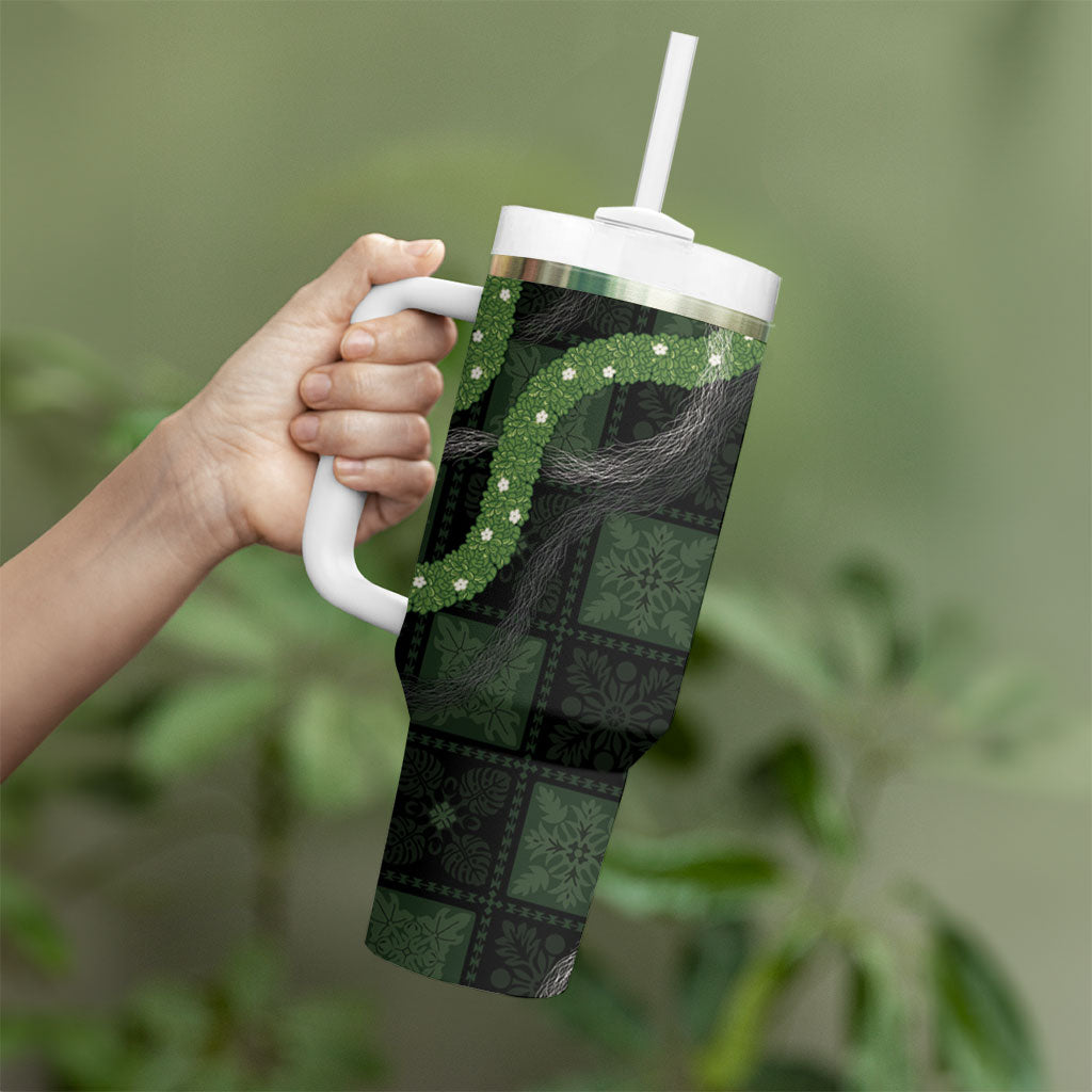 Hawaiian Quilt Tumbler With Handle Pele Hair Hinahina Lei Black Version LT05 - Polynesian Pride