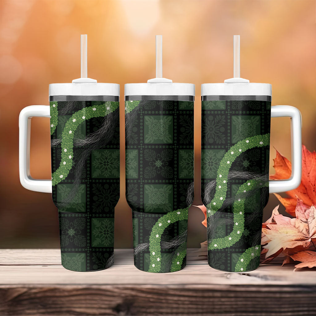 Hawaiian Quilt Tumbler With Handle Pele Hair Hinahina Lei Black Version LT05 - Polynesian Pride