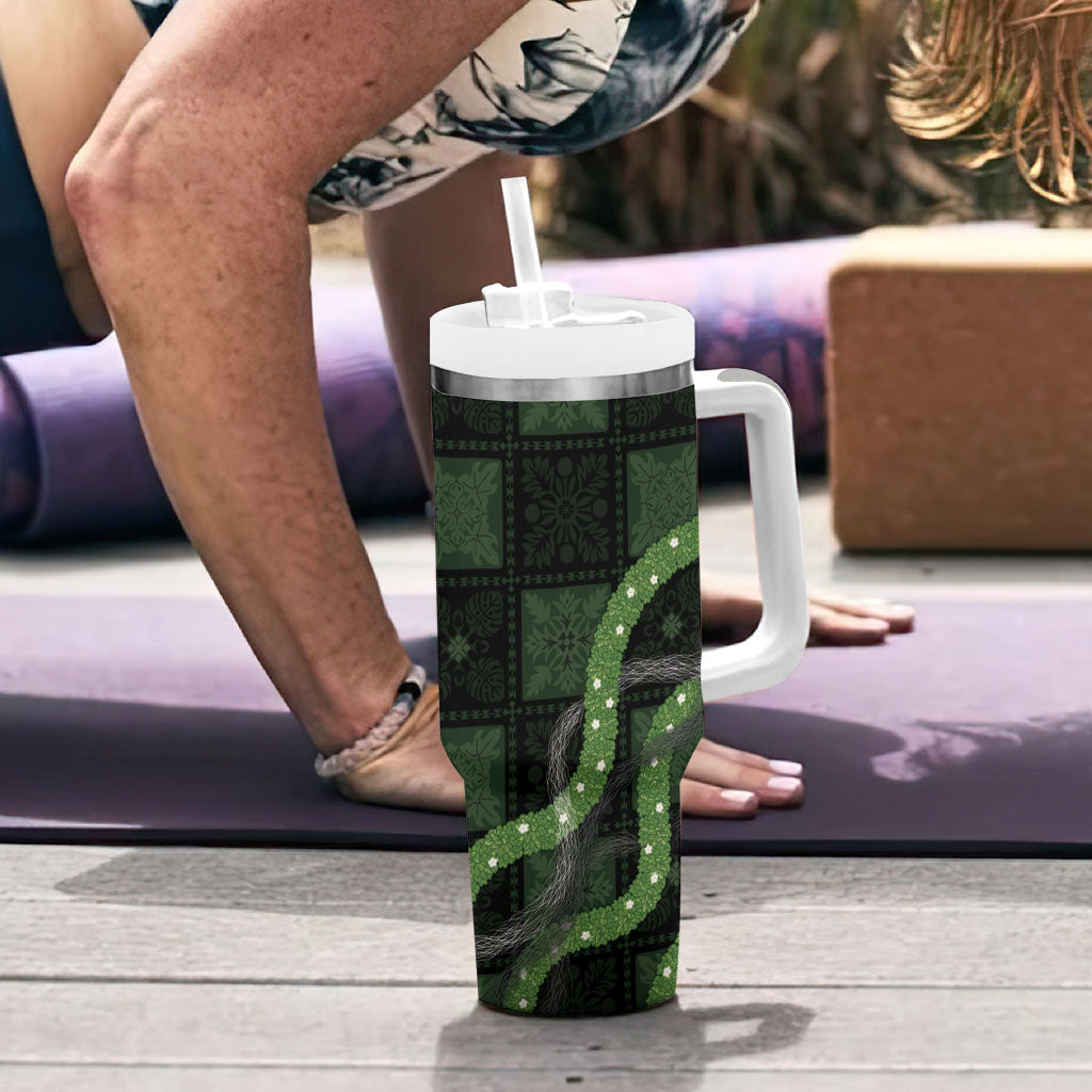Hawaiian Quilt Tumbler With Handle Pele Hair Hinahina Lei Black Version LT05 - Polynesian Pride