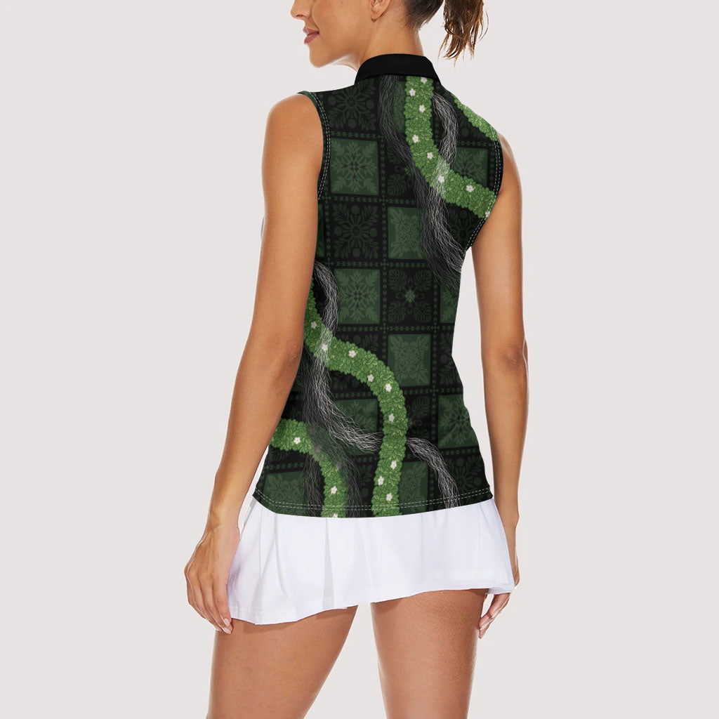 Hawaiian Quilt Women Sleeveless Polo Shirt Pele Hair Hinahina Lei Black Version LT05 - Polynesian Pride
