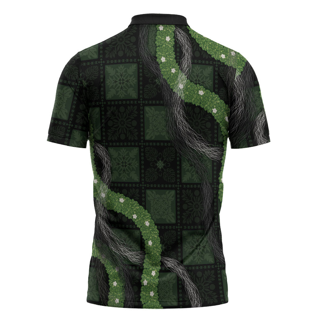 Hawaiian Quilt Zipper Polo Shirt Pele Hair Hinahina Lei Black Version LT05 - Polynesian Pride