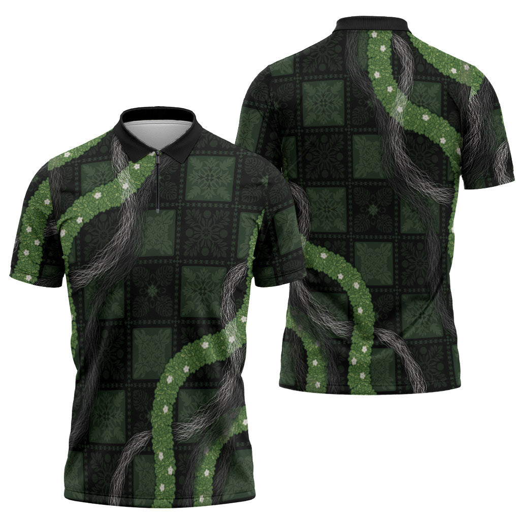 Hawaiian Quilt Zipper Polo Shirt Pele Hair Hinahina Lei Black Version LT05 - Polynesian Pride
