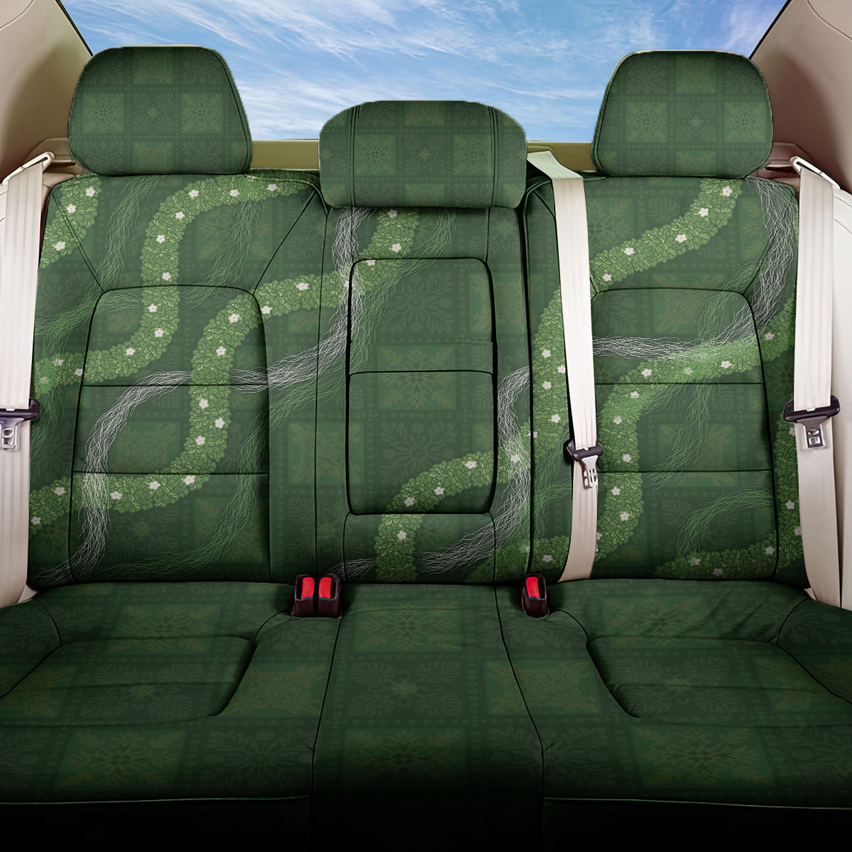 Hawaiian Quilt Back Car Seat Cover Pele Hair Hinahina Lei Green Version LT05 One Size Green - Polynesian Pride