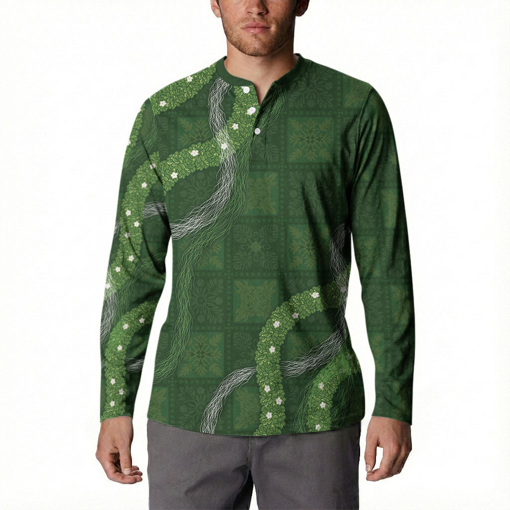 Hawaiian Quilt Button Sweatshirt Pele Hair Hinahina Lei Green Version