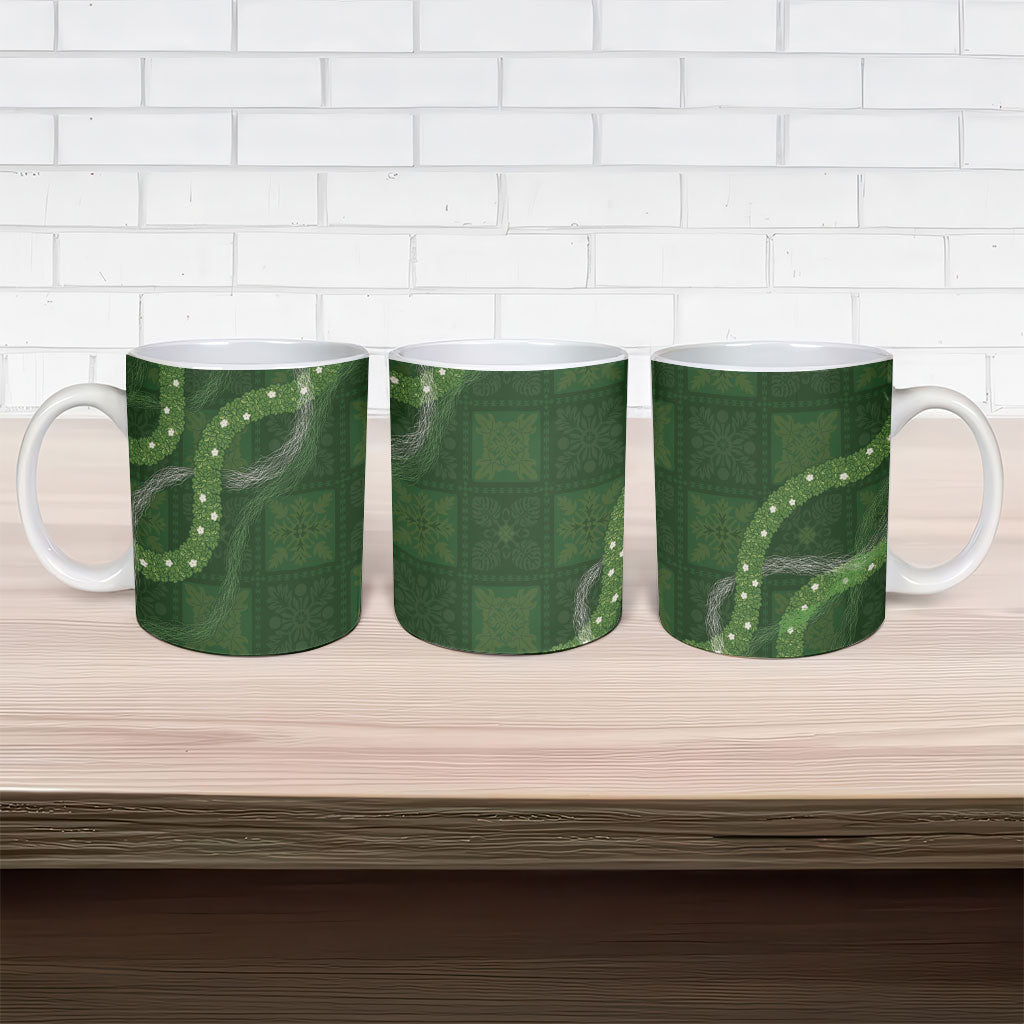Hawaiian Quilt Ceramic Mug Pele Hair Hinahina Lei Green Version