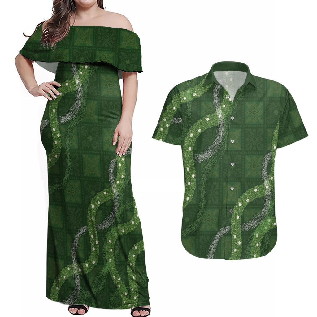 Hawaiian Quilt Couples Matching Off Shoulder Maxi Dress and Hawaiian Shirt Pele Hair Hinahina Lei Green Version