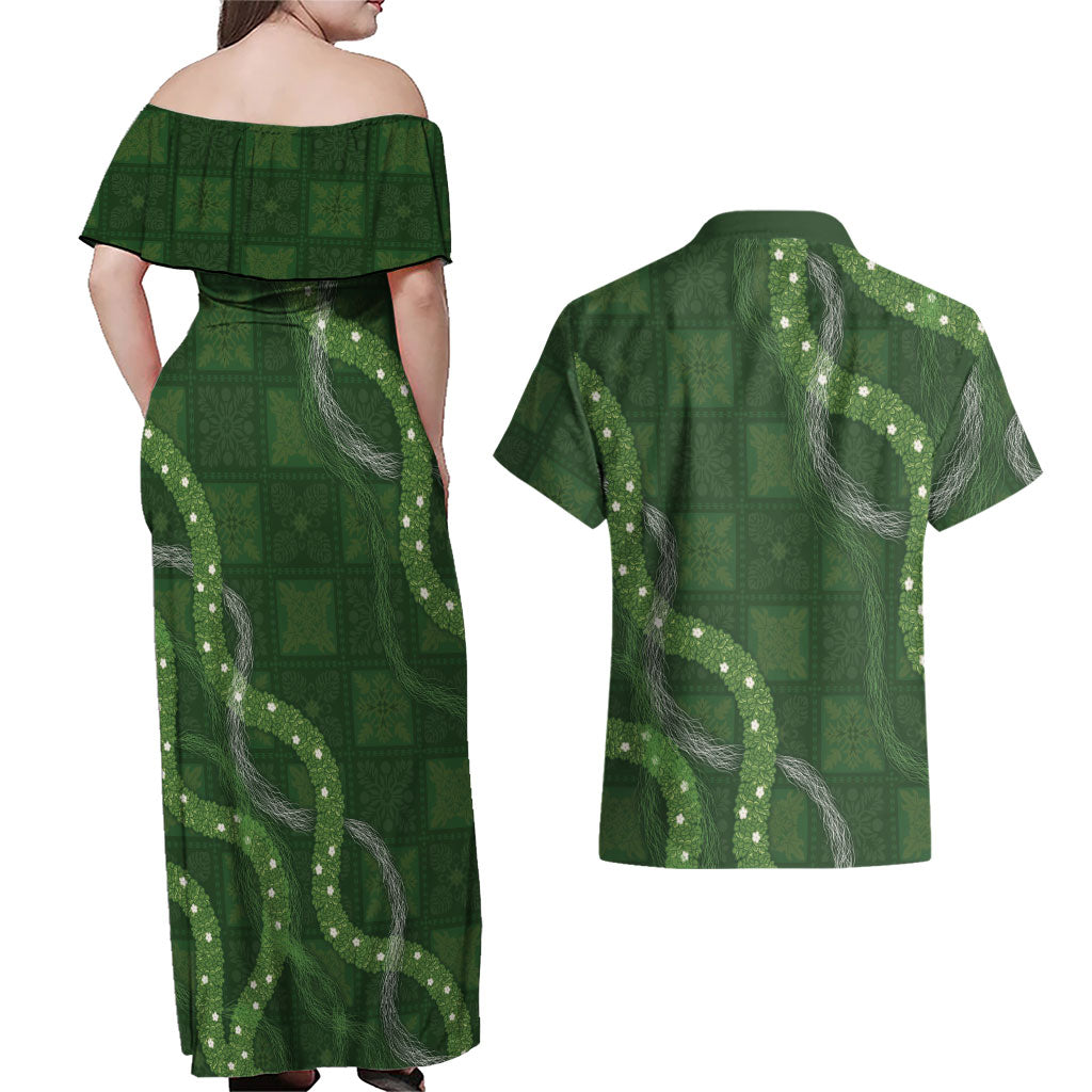 Hawaiian Quilt Couples Matching Off Shoulder Maxi Dress and Hawaiian Shirt Pele Hair Hinahina Lei Green Version LT05 - Polynesian Pride