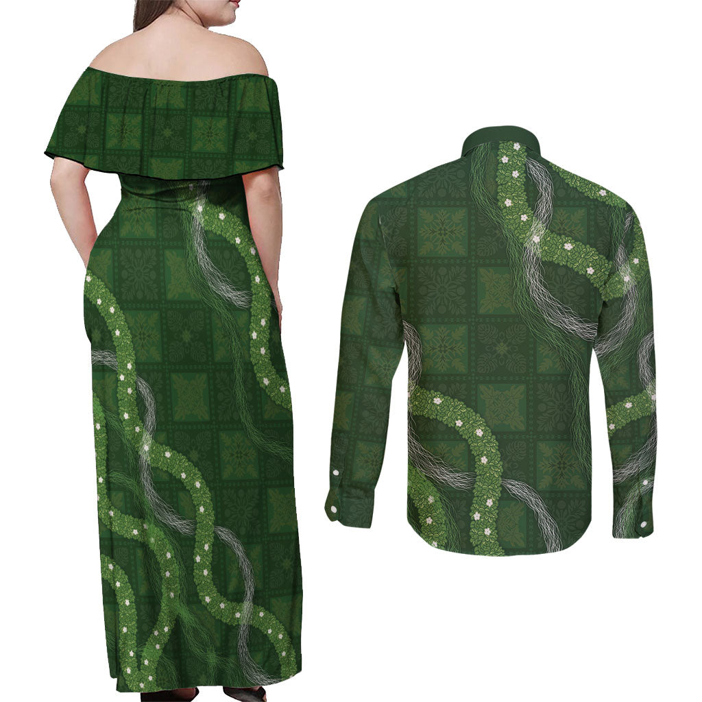 Hawaiian Quilt Couples Matching Off Shoulder Maxi Dress and Long Sleeve Button Shirt Pele Hair Hinahina Lei Green Version LT05 - Polynesian Pride
