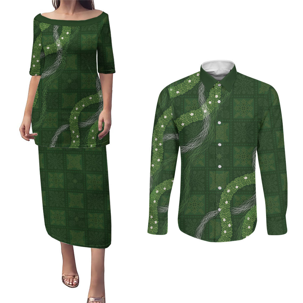 Hawaiian Quilt Couples Matching Puletasi and Long Sleeve Button Shirt Pele Hair Hinahina Lei Green Version LT05 Green - Polynesian Pride